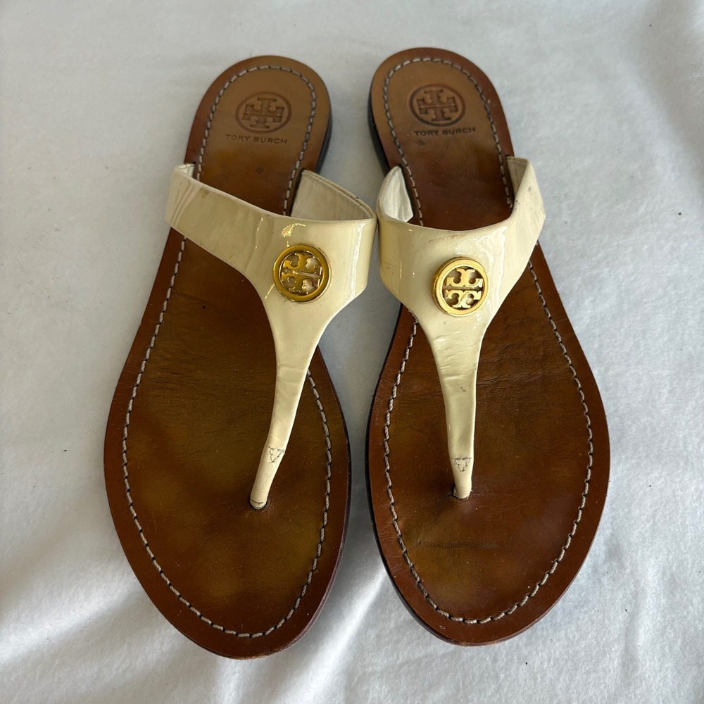 Tory Burch Miller Patent Leather Logo Thong Sandals Cream Gold Size 8.5M